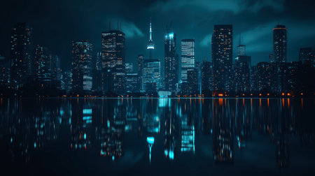Stunning urban skyline at night featuring modern architecture with illuminated buildings reflecting in calm waters, creating a peaceful cityscape.の素材
