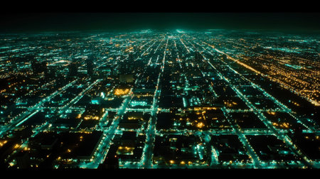 A stunning aerial view of a vibrant city at night, showcasing the intricate pattern of illuminated streets and buildings, evoking a sense of urban beauty and tranquility.の素材
