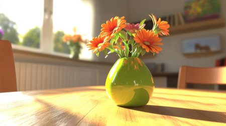 A vibrant arrangement of orange gerbera daisies in a green vase adds a cheerful touch to any home interior, perfect for brightening up spaces.の素材