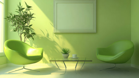 A serene modern interior featuring vibrant green chairs and a glass table. Natural light enhances the atmosphere, making it perfect for relaxation or gatherings.の素材
