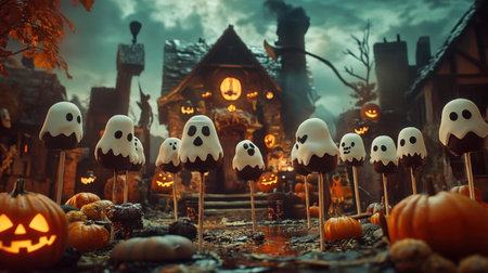 An enchanting Halloween scene featuring ghostly treats, carved pumpkins, and eerie decorations. Perfect for capturing the spirit of the holiday!の素材