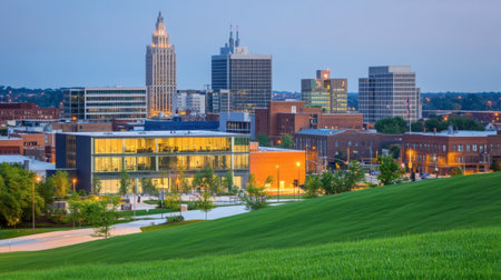 A vibrant city skyline at dusk, featuring modern architecture against a backdrop of green grass and evening lights, capturing urban beauty and tranquility.の素材