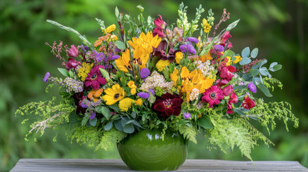 A stunning colorful floral arrangement in a green bowl, showcasing a variety of flowers that create a vibrant, cheerful atmosphere perfect for any occasion.の素材