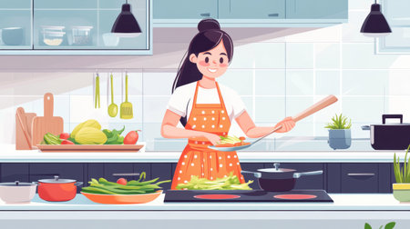 A cheerful woman in an orange apron prepares a healthy meal in a modern kitchen, surrounded by fresh vegetables and cooking utensils, embodying a vibrant cooking experience.の素材