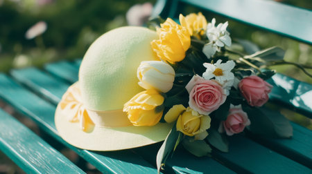 A vibrant yellow hat adorned with fresh flowers rests gracefully on a green bench, capturing the essence of springtime beauty and outdoor leisure.の素材