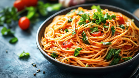 A vibrant plate of spaghetti garnished with fresh herbs and cherry tomatoes. Perfect for showcasing delicious Italian cuisine in a culinary setting.の素材