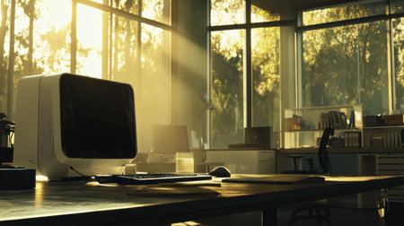 Bright office space featuring a modern computer on a desk bathed in warm sunlight. The large windows create an inviting atmosphere perfect for productivity and creativity.の素材