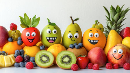A vibrant arrangement of cheerful fruits with cartoon faces, showcasing a variety of colors and expressions, perfect for promoting healthy eating and fun.の素材