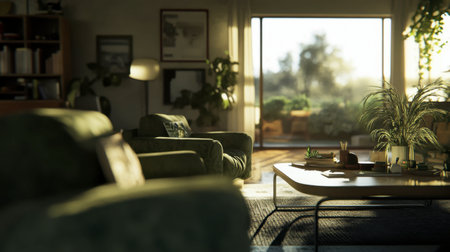 A serene living room showcasing comfortable furniture, vibrant greenery, and warm sunlight. The inviting space exudes tranquility and modern charm.の素材