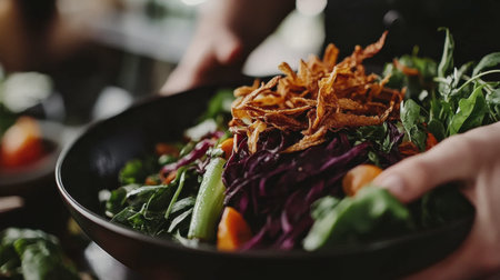 A vibrant and healthy fresh veggie salad garnished with crispy toppings. Perfect for culinary enthusiasts and those seeking nutritious meal options.の素材