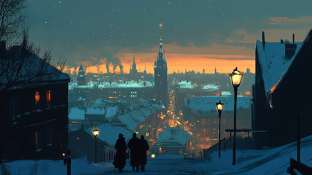 A serene winter evening scene featuring a snowy cityscape at dusk, showcasing warm city lights, silhouetted figures, and a tranquil atmosphere.の素材