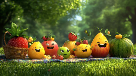 A collection of cheerful animated fruits in a sunny garden, showcasing vibrant colors and playful expressions, perfect for conveying happiness and freshness.の素材
