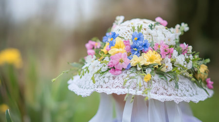 A charming floral hat adorned with colorful blooms, perfect for spring photography. Ideal for capturing beauty and nature in outdoor settings.の素材