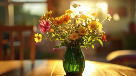 A vibrant bouquet of flowers sits in a green vase under soft sunlight, creating a warm and cheerful atmosphere in a cozy indoor setting.の素材