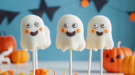 Adorable ghost cake pops perfect for Halloween parties. These fun treats add a festive touch to your celebration with their playful design and cheerful smiles.の素材