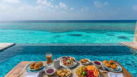 Enjoy a beautiful breakfast spread featuring fresh fruits and drinks, set against a stunning ocean view. Perfect for a tropical getaway.の素材