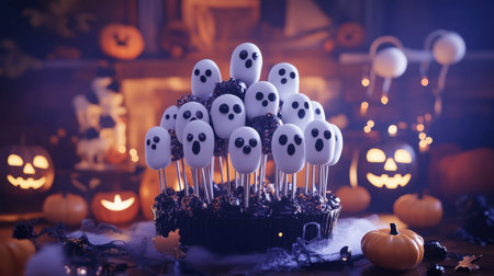 A whimsical Halloween cake topped with ghostly treats on sticks, surrounded by pumpkins and spooky decor, perfect for festive celebrations and gatherings.の素材