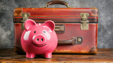 A charming pink piggy bank sits beside a vintage suitcase, symbolizing savings and travel. Ideal for concepts related to finance, budgeting, and adventure.の素材
