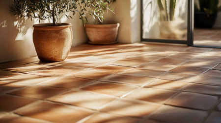 A tranquil indoor environment featuring a warm terracotta floor, soft sunlight streaming through, and lush potted plants enhancing the peaceful atmosphere.の素材