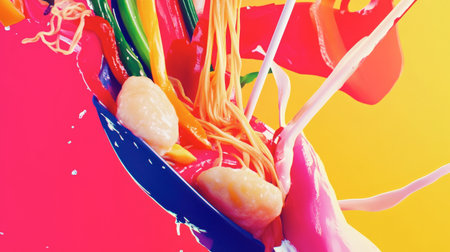 A vibrant splash of colorful ingredients, featuring noodles and fresh vegetables, creating an artistic and dynamic representation of culinary creativity.の素材