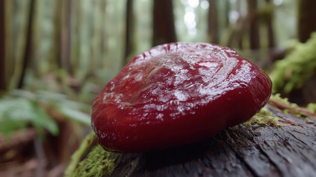 A vibrant red mushroom rests on a moss-covered log in a serene forest, showcasing the beauty of nature's growth and diversity in a tranquil environment.の素材