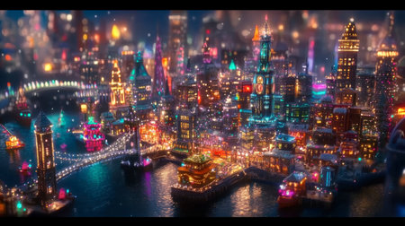 A stunning aerial view of a vibrant city illuminated at night, featuring colorful lights, a beautiful bridge over sparkling water, and a cozy atmosphere.の素材