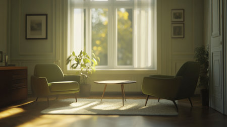 Bright and inviting living room scene featuring green chairs and a wooden table, illuminated by soft natural light, creating a cozy atmosphere.の素材