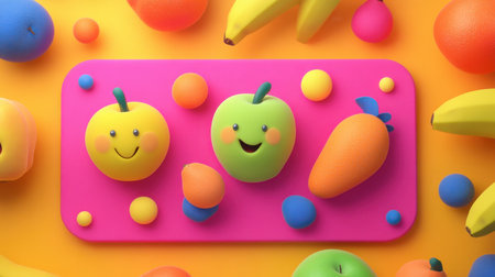 A vibrant arrangement of playful fruits and vegetables featuring smiley faces on a colorful background, perfect for children's themes, design, or decor.の素材