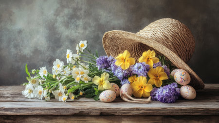 A charming arrangement of spring flowers and decorative eggs spills from a straw hat on a rustic wooden table, perfect for a festive celebration.の素材