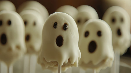 Whimsical ghost-shaped treats on sticks, perfect for Halloween celebrations. These adorable desserts add fun and sweetness to any festive gathering.の素材