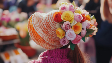 A woman stands in an outdoor market, showcasing a vibrant floral hat adorned with various roses and blooms. The colorful headwear captures the spirit of spring and creativity.の素材