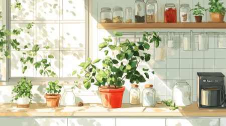 A serene kitchen scene featuring indoor plants bathed in gentle morning light. This image captures a fresh, inviting atmosphere perfect for home decor inspiration.の素材
