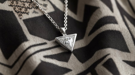 This image showcases an elegant silver pendant in a triangle shape resting on patterned fabric, highlighting the beauty and detail of modern jewelry design.の素材