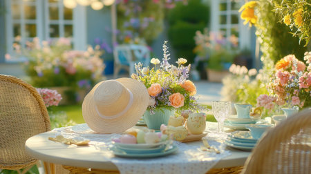 A beautiful outdoor garden table setting surrounded by blooming flowers. This inviting scene features a soft hat, delicate plates, and fresh floral arrangements, perfect for spring gatherings.の素材