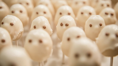 Adorable ghost cake pops perfect for Halloween parties. These sweet treats feature white chocolate coating and charming eyes, adding a playful touch.の素材