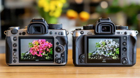 Two cameras showcase vibrant flower images on their screens, highlighting the beauty of nature and the art of photography in a captivating composition.の素材