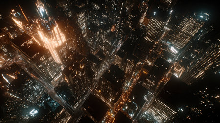 Stunning aerial view of a bustling cityscape at night, showcasing bright lights illuminating skyscrapers and streets, capturing the vibrant energy of urban life.の素材