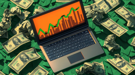A laptop displaying a growth chart rests on a bed of cash, illustrating the concept of financial success and investment analysis. Perfect for financial themes.の素材