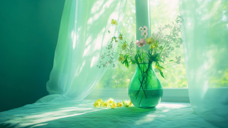 A calm scene featuring a green vase filled with fresh flowers by a sunny window. The soft light enhances the colors, creating a peaceful ambiance.の素材
