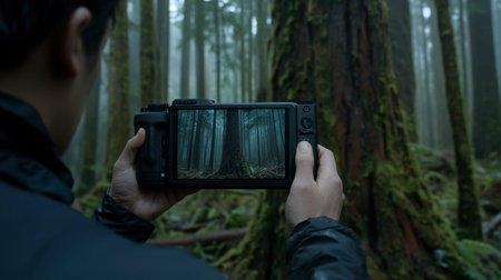 A photographer captures the serene beauty of a misty forest using a digital camera, showcasing the lush greenery and towering trees.の素材