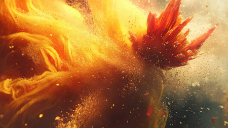 An abstract representation of vibrant dust and particles exploding in warm colors, creating a dynamic and visually stunning background perfect for artistic projects.の素材