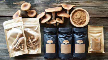 A collection of fresh mushrooms alongside various powdered forms on a rustic wooden surface, showcasing organic ingredients for cooking or herbal medicine.の素材