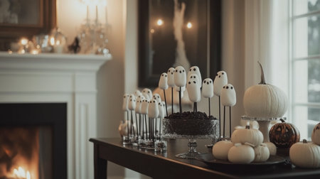 Charming Halloween dessert table featuring ghostly treats, mini pumpkins, and a cozy ambiance, perfect for festive gatherings and celebrations.の素材