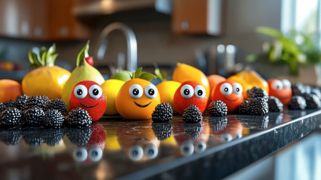 A fun and vibrant arrangement of colorful fruits with playful character faces, displayed on a kitchen countertop. Perfect for food-related themes.の素材