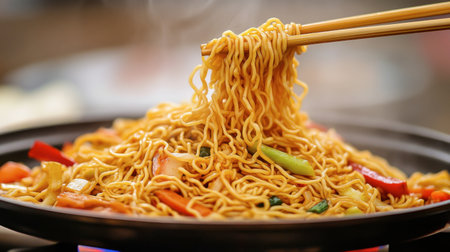 A steaming bowl of delicious stir-fried noodles garnished with vibrant vegetables. Perfect for showcasing Asian cuisine in culinary settings.の素材