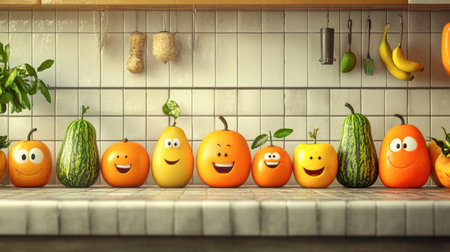A charming kitchen scene featuring playful fruits and vegetables with cheerful faces. Ideal for conveying freshness, fun, and healthy eating concepts.の素材