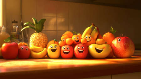 A lively arrangement of colorful fruits with cheerful faces, displayed on a kitchen counter, illuminated by warm sunlight, perfect for conveying happiness and health.の素材
