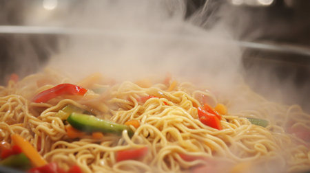 A close-up view of steaming noodles mixed with colorful vegetables, showcasing the essence of a delicious meal being prepared in a kitchen setting.の素材
