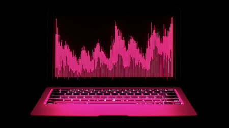 A vibrant pink audio waveform displayed on a laptop screen, showcasing the intersection of technology and creativity in digital sound visualization.の素材
