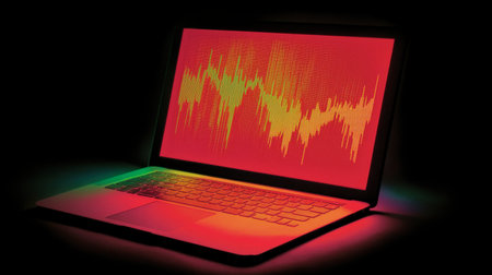 A vibrant sound wave graphic displayed on a laptop screen, showcasing a blend of red and green colors. Perfect for concepts in audio technology and digital art.の素材